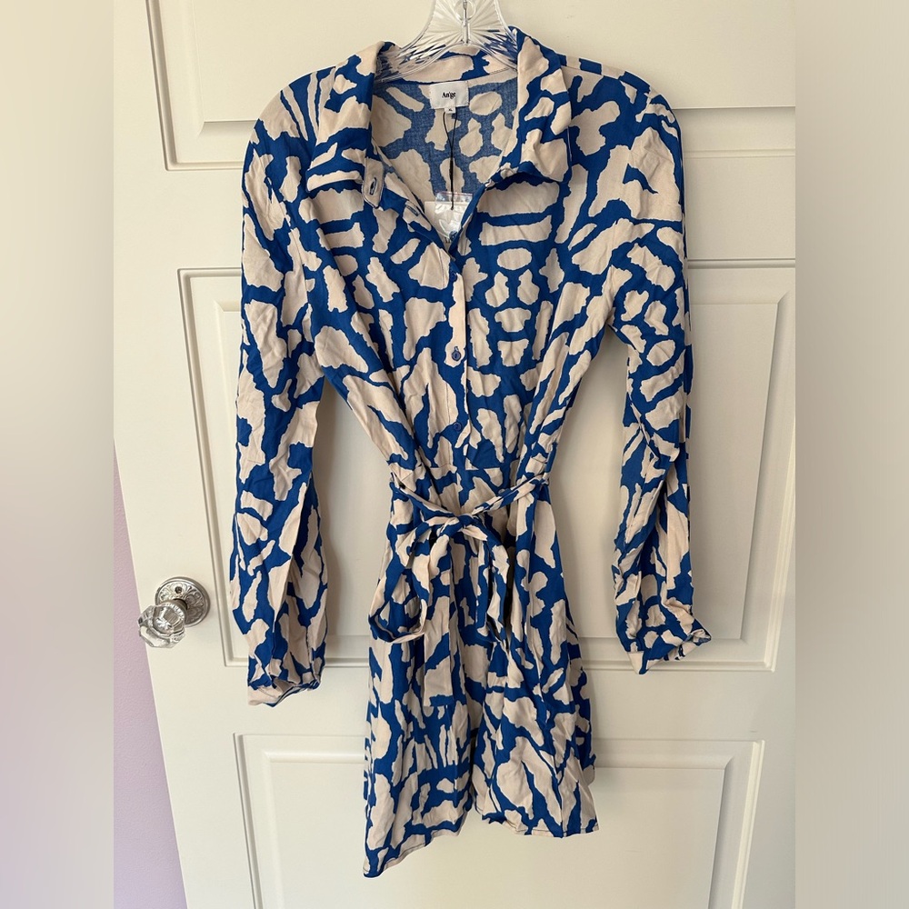 An'ge Blue & Cream Tie-Waist Shirt Dress Boho Chic Normcore Femine Flowy XL